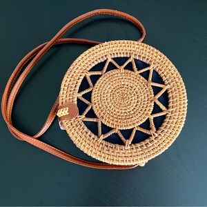 Straw Rattan & Leather Hand Woven Crossbody Circle Shoulder Bag 8”